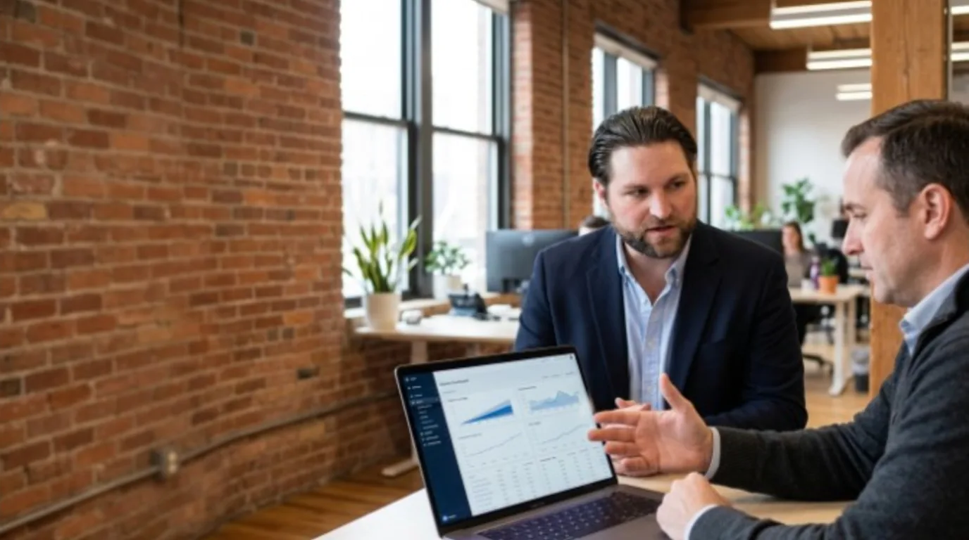 Two executives reviewing marketing performance data on a laptop
