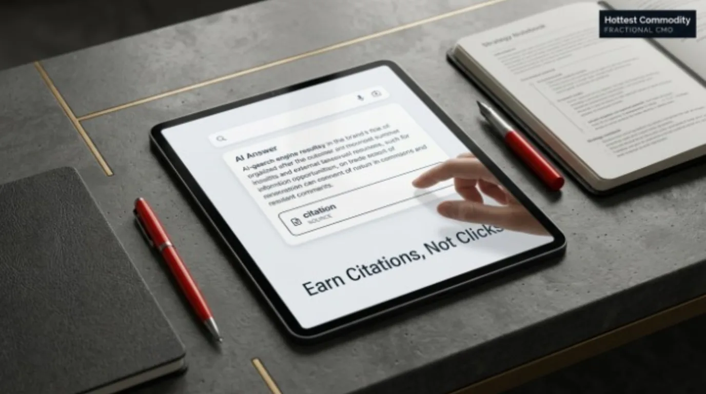 Tablet showing an AI answer with a citation, captioned Earn Citations, Not Clicks